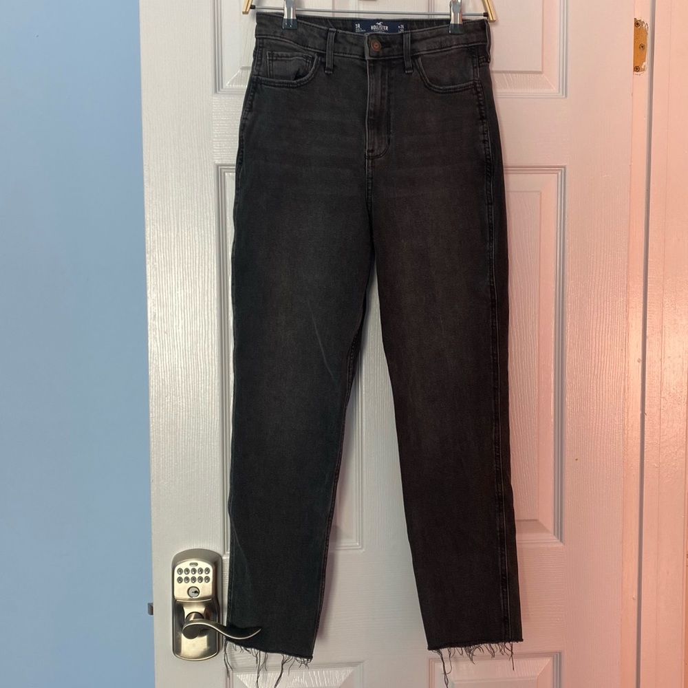 Hollister Black Ultra High Rise Mom Jeans with Distressed Hem